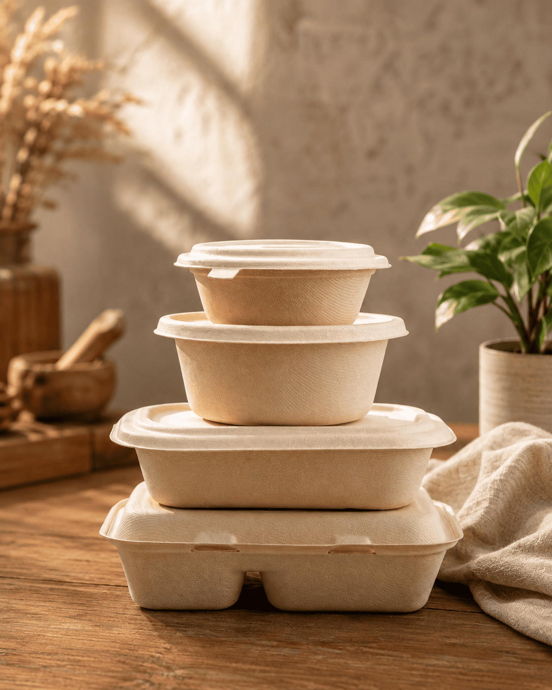 Best eco friendly packaging manufacturer in Goa showing bagasse plates and containers from Biodee Bambolim warehouse